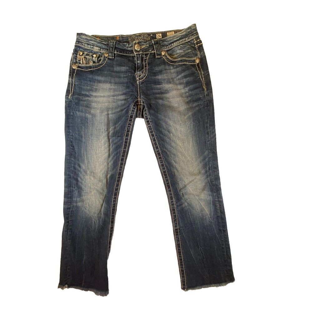 MISS ME JEANS Women's 26 Mid Rise‎ Cropped Flap Pocket Bling Embellished Raw Hem